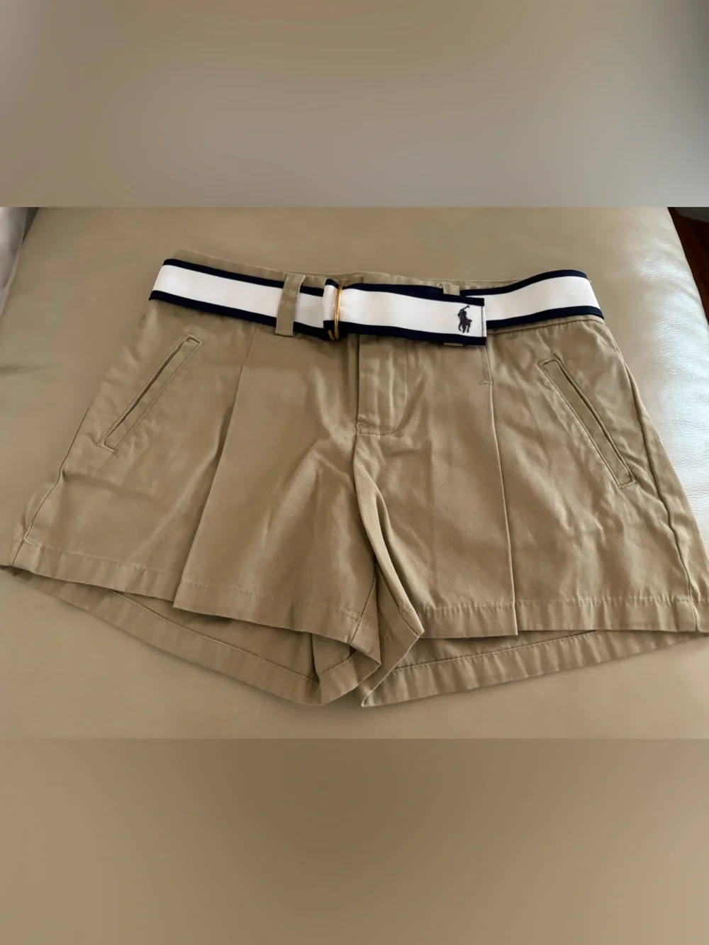 ✨New✨Ralph Lauren Tan Pleated Chinos with White & Navy Stripe Belt✨